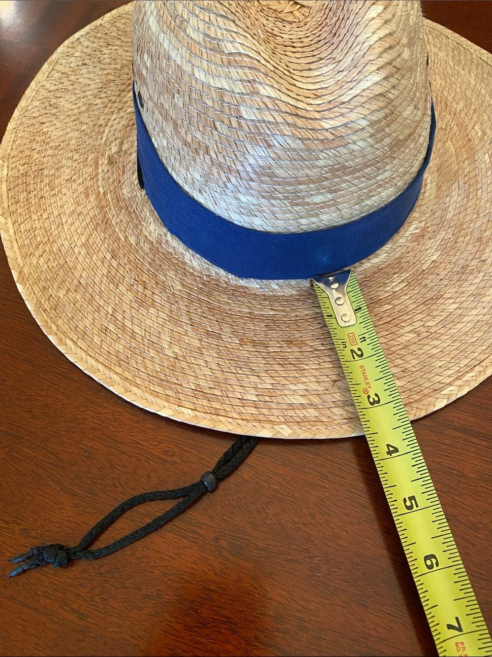 Women's Palm Leaf Straw Wide Brim Sun Hat with Blue Linen Hatband & Chinstrap